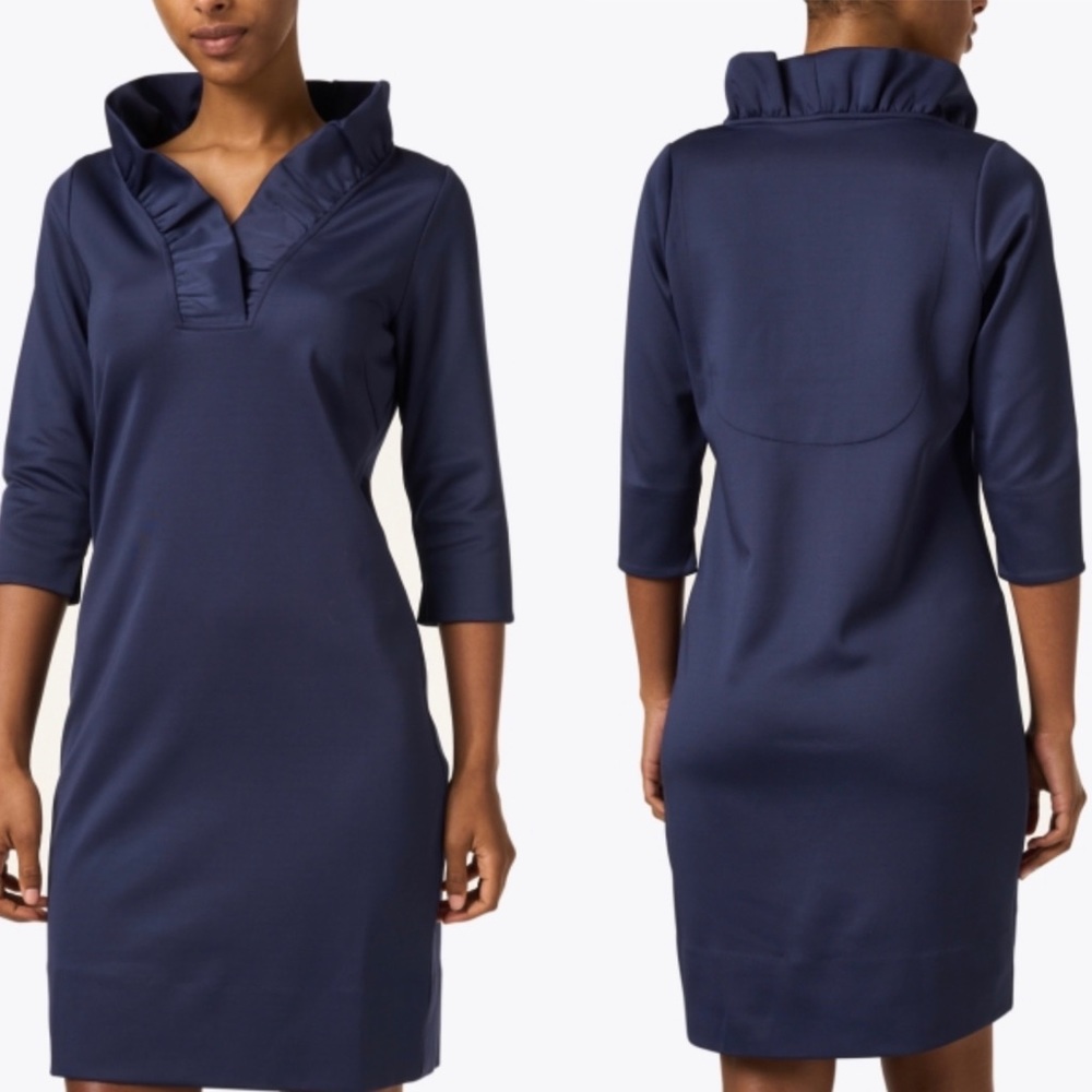 Navy Gretchen Scott Ruffle Neck Dress. Super flattering & feminine!